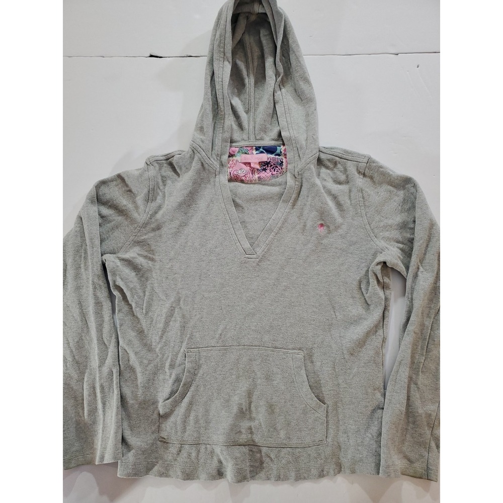Lilly Pulitzer Chiara Harmon Grey V-Neck Hoodie Pullover Sweatshirt Size Large L